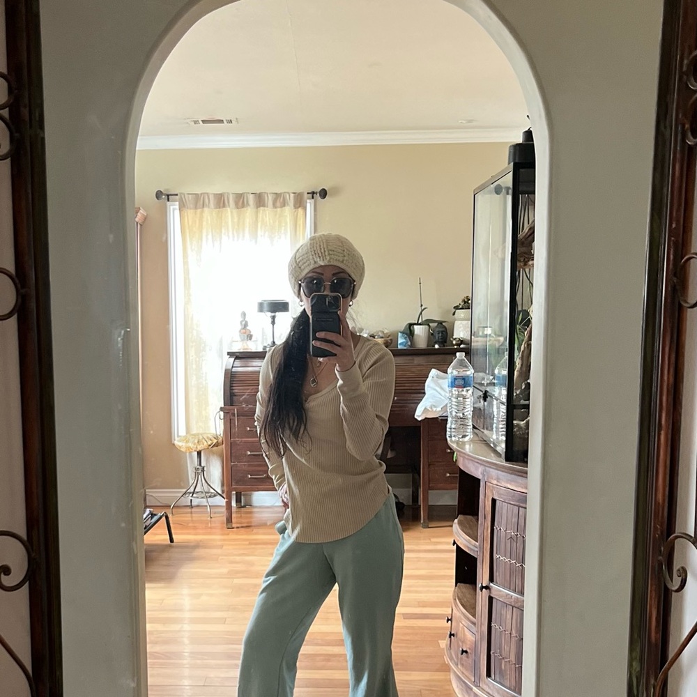 Cream Sweater and Light Blue Pants Outfit